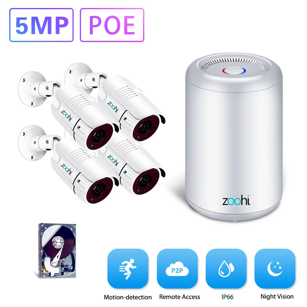 

Zoohi 5MP POE Security Camera System Kit 4CH H.265 NVR Security Camera Night Vision HD Outdoor Video Surveillance System NVR kit
