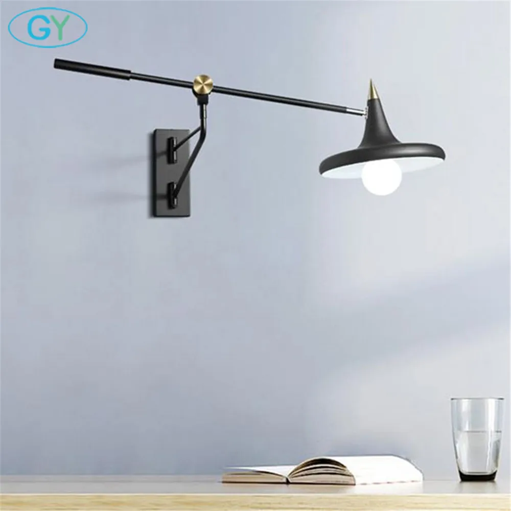 

Scandinavian style wall lamp bedroom bedside reading telescopic long rocker sconces modern E27 black adjustable wall lights