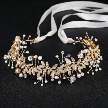 

KMVEXO Gold Leaf Bridal Headpiece Tiara Wedding Hair Accessories Hair Vine Crystal Pearl Headbands Hair Jewelry For Bride