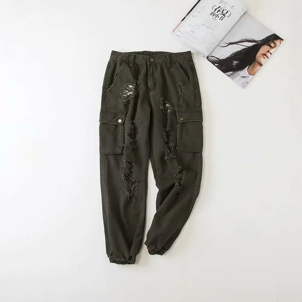 XIKOI женские рваные свободные джинсовые штаны с дырками, брюки-карго для улицы, джинсовые брюки, выдалбливают Джинсы, Брюки с карманами - Цвет: Dark Green