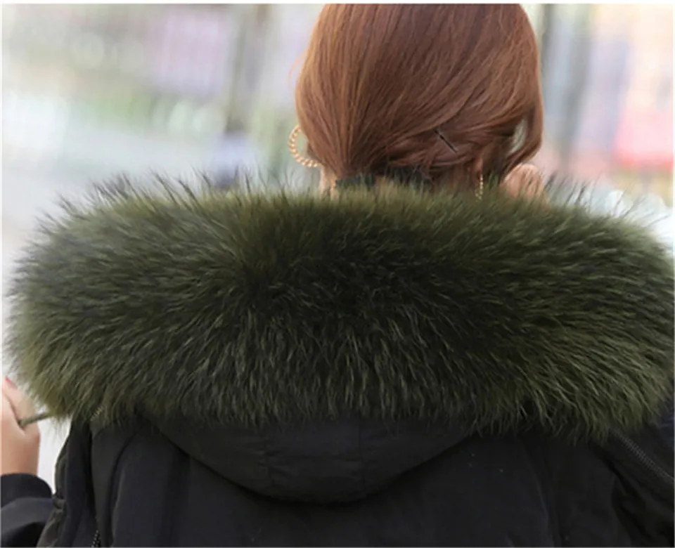 Женское пальто с воротником из натурального меха, зимняя теплая шаль, толстый енотовый меховой воротник-шарф, теплый меховой воротник-шарф - Цвет: Армейский зеленый