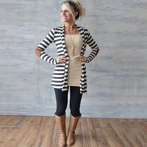 Women's Fashion Warm Long Sleeve Striped Arm Patches Jacket Coatwomen