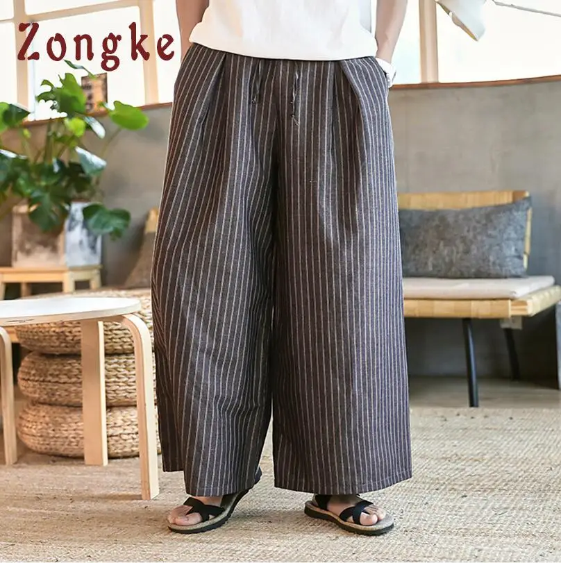 Coffee Zongke, китайский стиль, свободные полосатые льняные брюки, мужские штаны для бега, уличная одежда, широкие брюки, мужские брюки, хип-хоп джоггеры, Мужские штаны - Цвет: Coffee