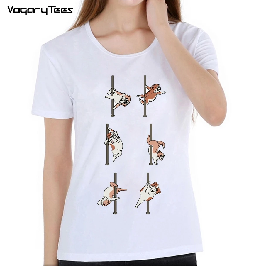 

Newest Funny Pugs Dance T Shirt Women's English Bulldog pug cat Pole Dancing Printed T-Shirt High Quality Hipster Short Sleeve