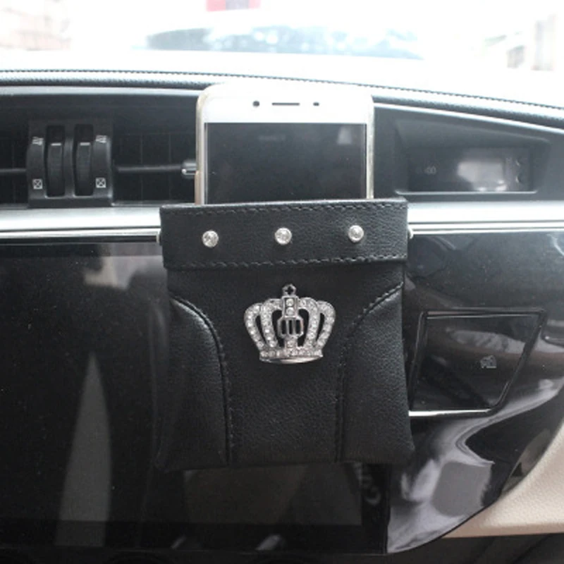 Автомобильная коробка для хранения с заклепками в виде короны из искусственной кожи, автомобильный держатель для мобильного телефона, аксессуары для салона автомобиля