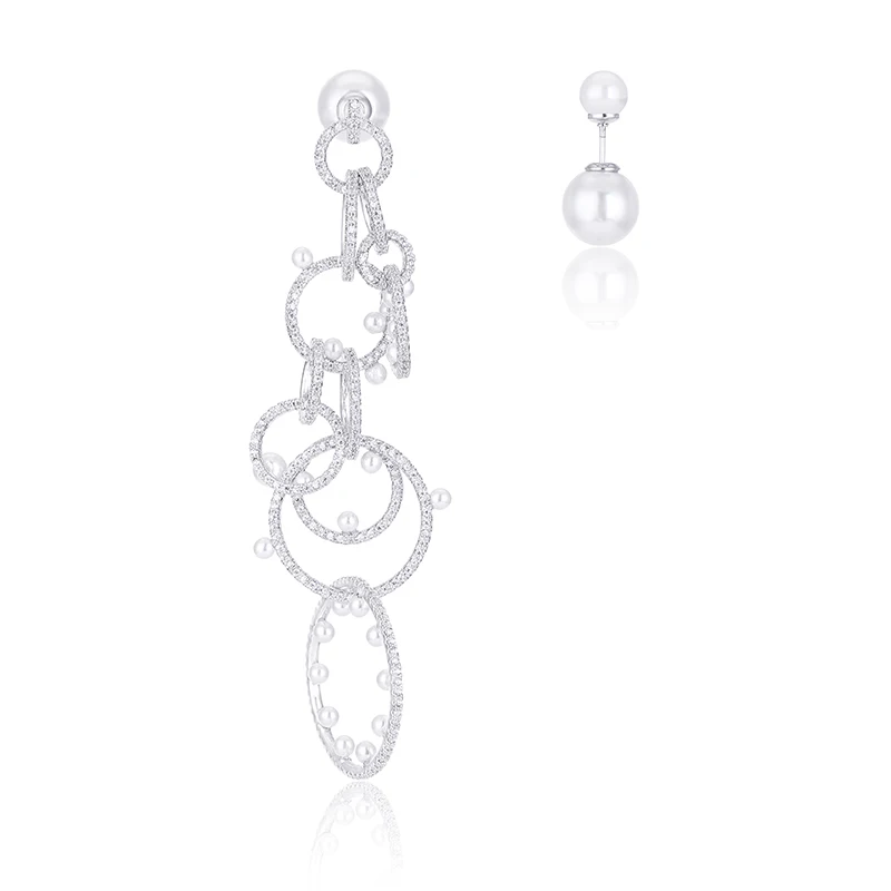

XIUMEIYIZU Luxury Rhodium Plating Copper Chunky Punk Asymmetric Cubic Zirconia Circles with Pearl Long Drop Earrings