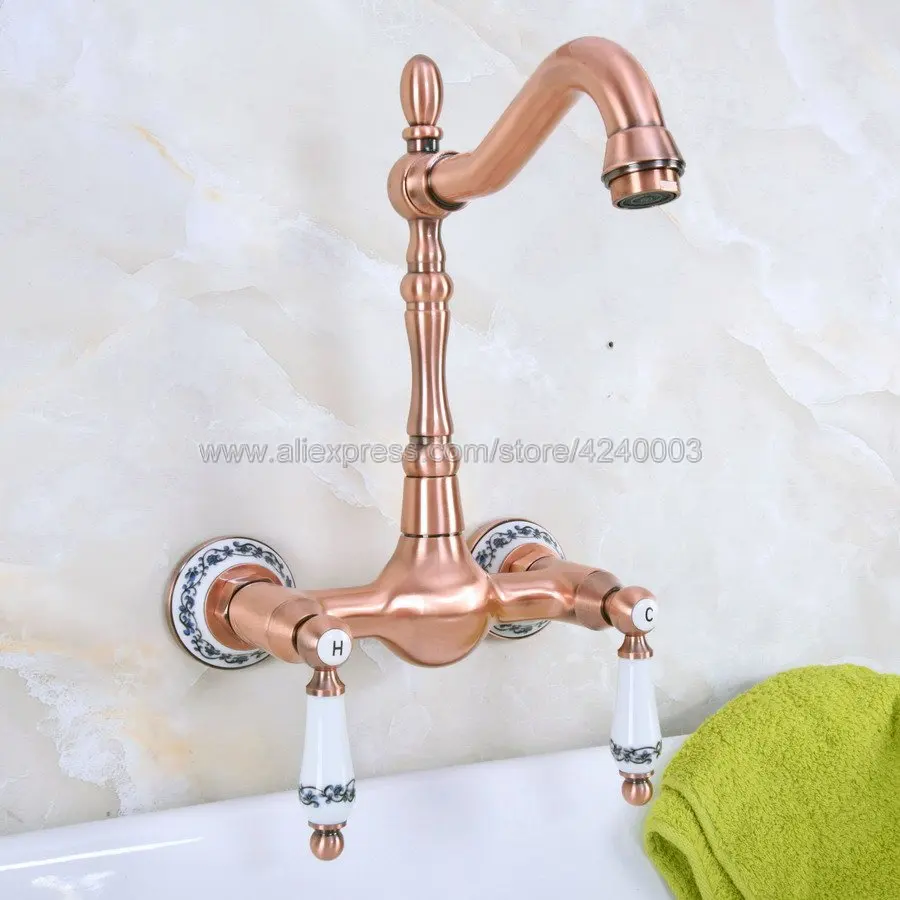 

360 Swivel Antique Red Copper Bathroom Basin Sink Mix Tap Dual Handles Wall Mounted Kitchen Basin Sink Mixer Faucet Kna953