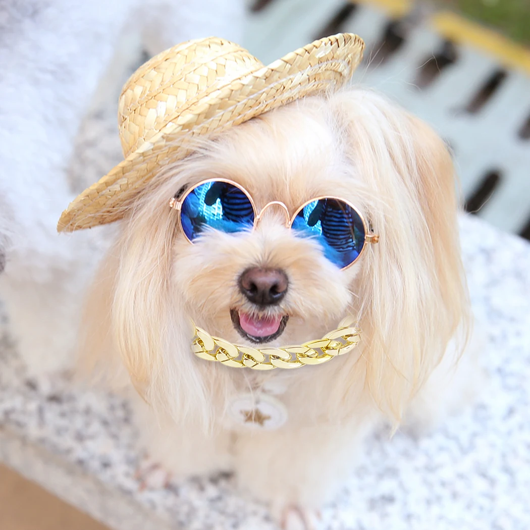 Dog Straw Hat Fashion Manual Weaving Straw Adjustable Pet Hat Dog Hat With Sunglasses Necklace Pet Clothing Accessories Set