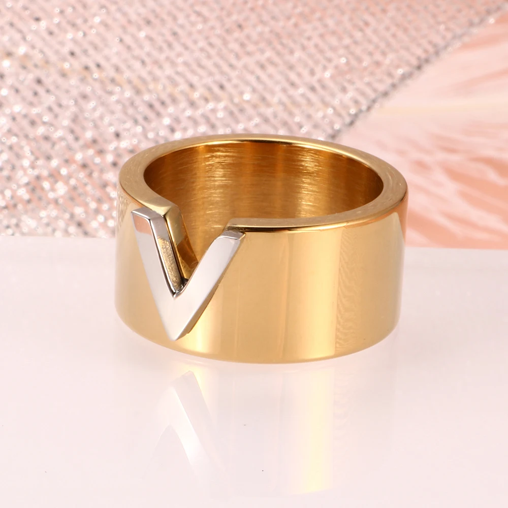 Модные V образные кольца для мужчин и женщин из нержавеющей стали, кольца для влюбленных, полированные кольца цвета розового золота, женские роскошные брендовые ювелирные изделия
