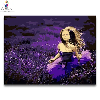 

Girl running in lavender flowers diy digital oil painting by numbers with paint colors on canvas paint handmade for hoom decor