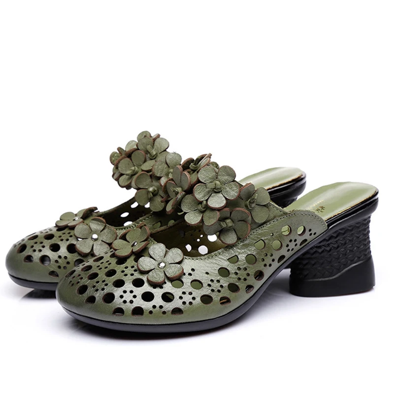 

SONDR summer slippers mules high heels slides shoes woman ethnic retro genuine leather chaussures femmes nouveau 2019 chanclas
