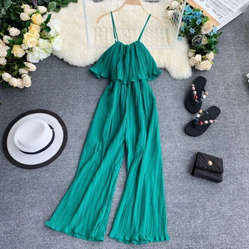 

2019 new fashion women's rompers Seaside holiday jumpsuit Ruffled pure color goddess pleated wide-leg pants