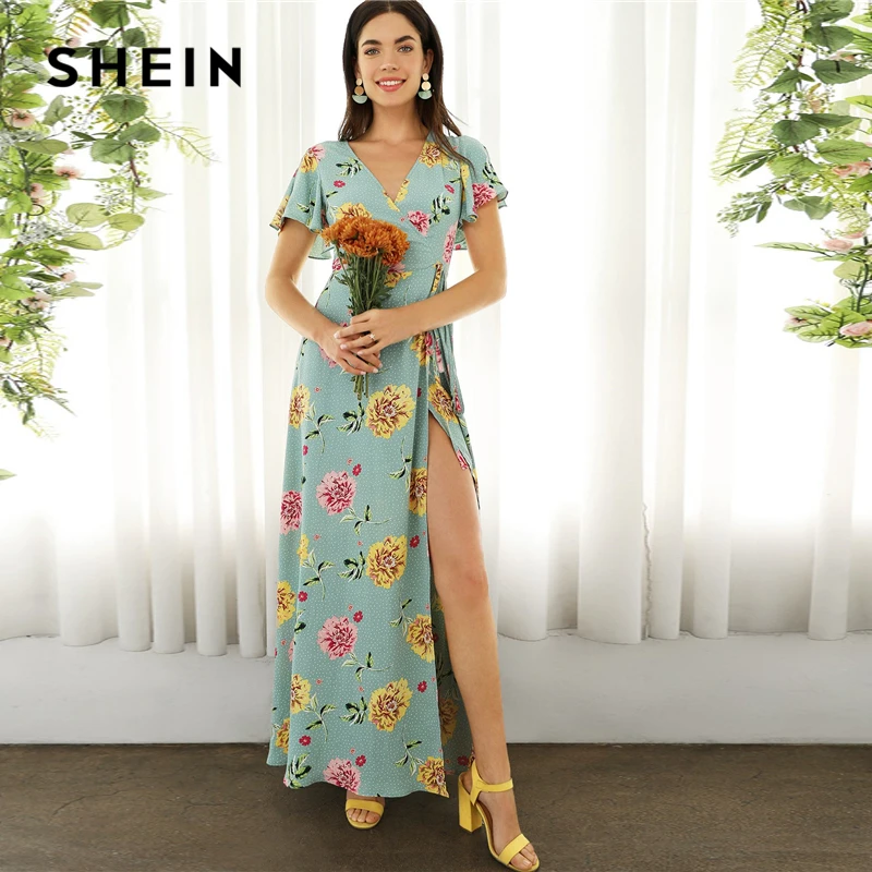 SHEIN Платье С V Образным Вырезом И Цветочным Принтом Нарядное Элегантное Высоким