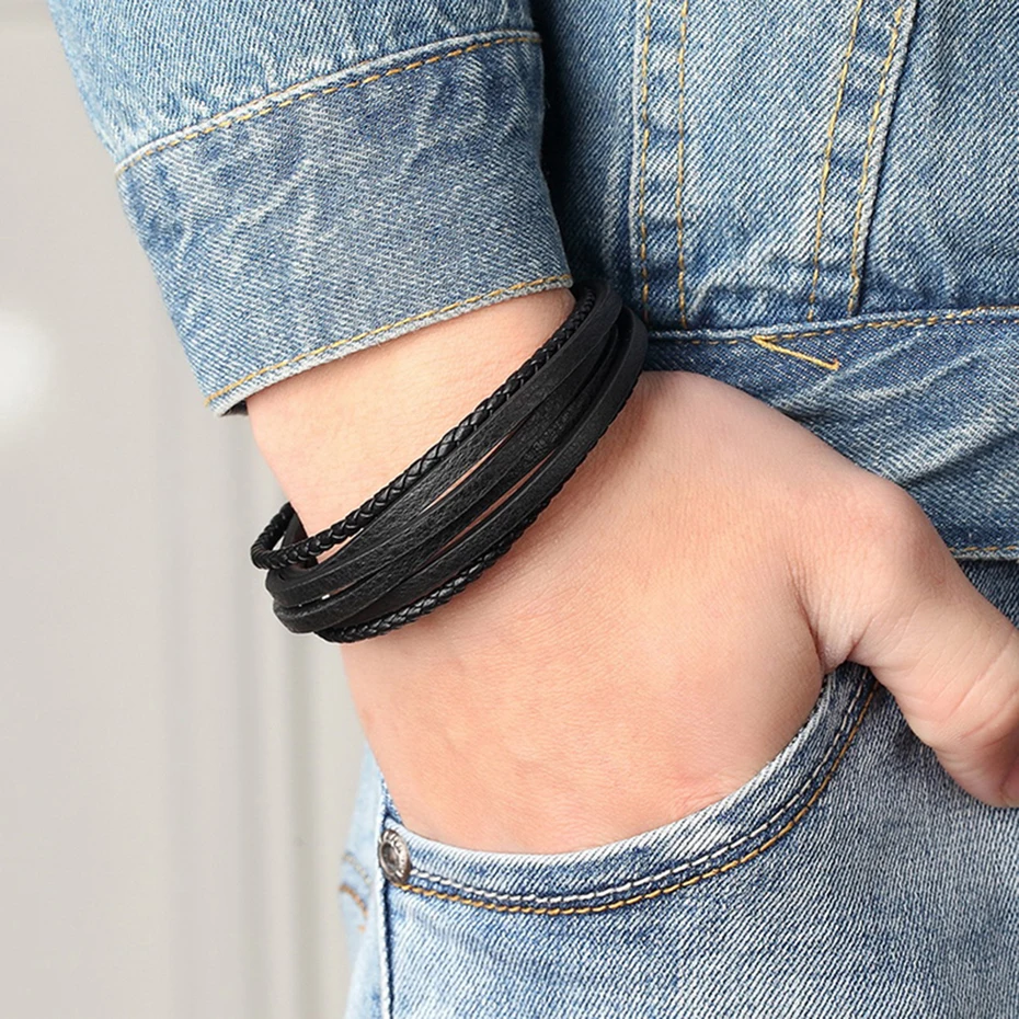 Cool Men Bracelet Stainless Steel Magnet Clasp Braid Real Leather Rope  Sport Style Chain Women Jewelry Dress Gift (9)