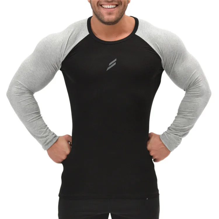 Men's Patchwork Quick Dry Cotton Crew Neck Full Sleeve Gym Training T Shirt Running Football
