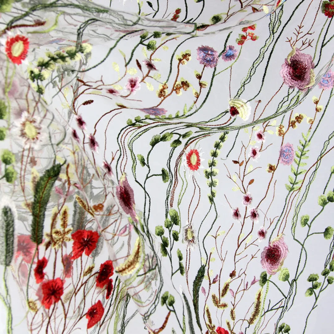JX-LCLYL 135cm*100cm White Floral Flower Embroidery Mesh Wedding Bridal Dress Lace Fabric