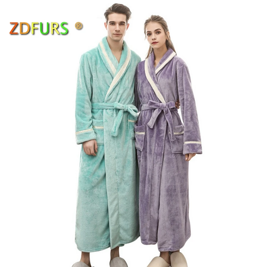 ZDFURS* Men Women Luxury Winter Bathrobe Mens Warm Flannel Long Kimono