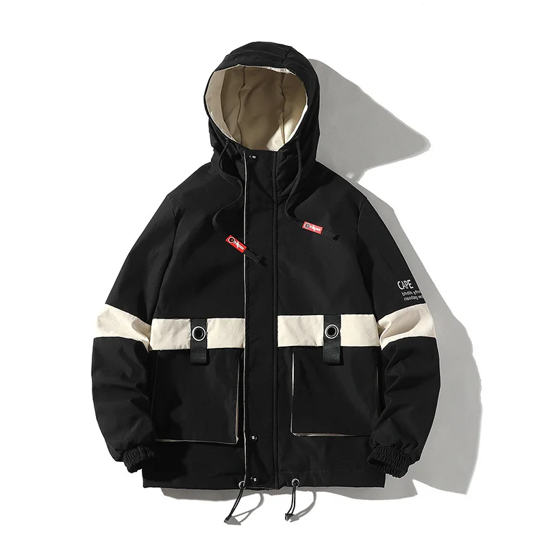 

2019 autumn new hooded Korean version multi-pocket men's jacket clothes Striped windbreaker mens Long coats Chinese Style