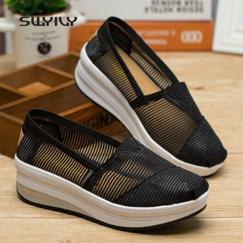 SWYIVY Women Toning Shoes Mesh Breathable Thick-sole Swing Shoes New Summer Hollow Ultra-light Soft Female Slimming