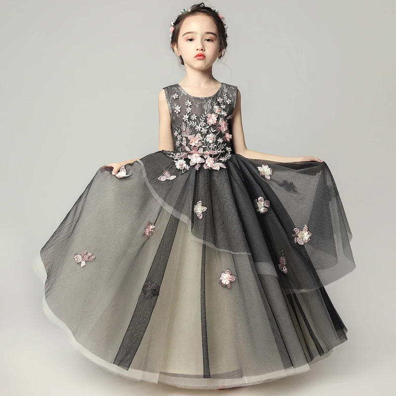 Luxury Black Embroidery Girls Holy Communion Dress Backless Kids Pageant Dress for Birthday Lace Floral Princess Party Gowns Luxury Black Embroidery Girls Holy Communion Dress Backless Kids Pageant Dress for Birthday Lace Floral Princess Party Gowns