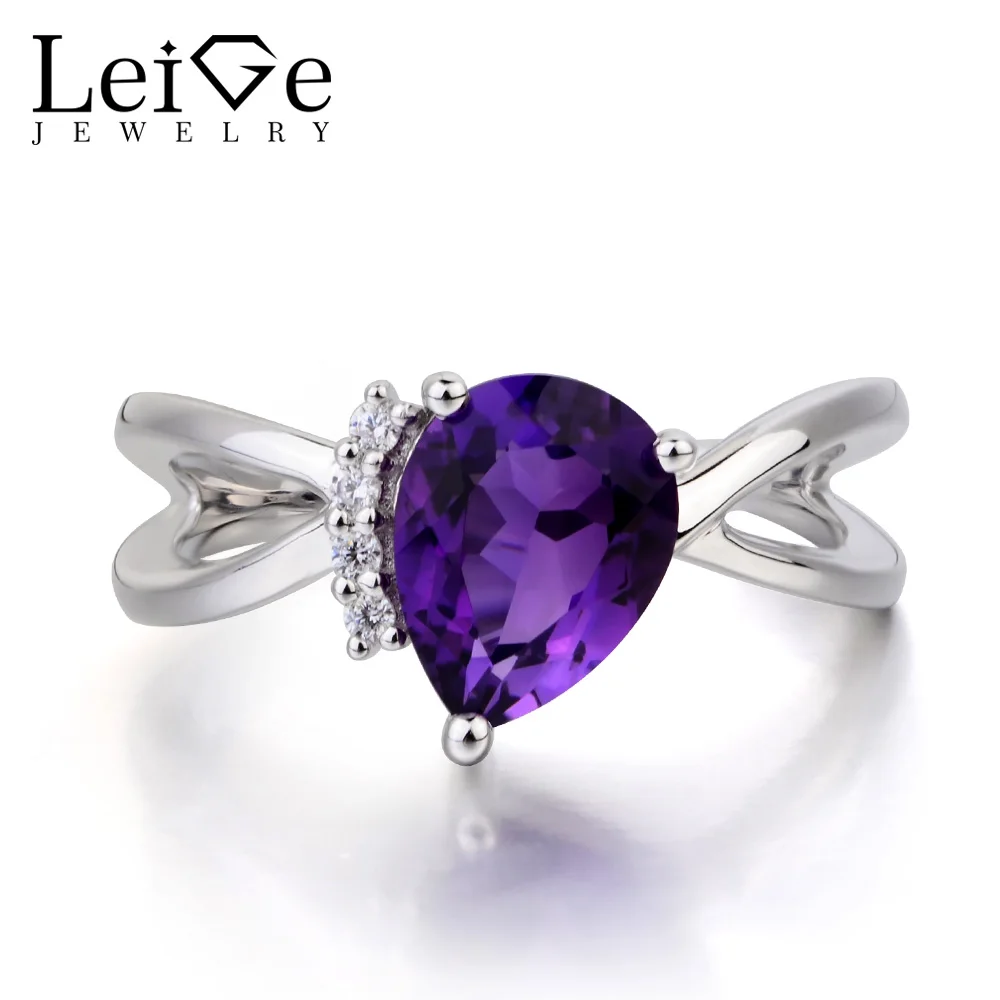 Leige Jewelry Wedding Ring Natural Amethyst Ring February Birthstone Pear Cut Gemstone Purple Gems 925 Sterling Silver Ring 