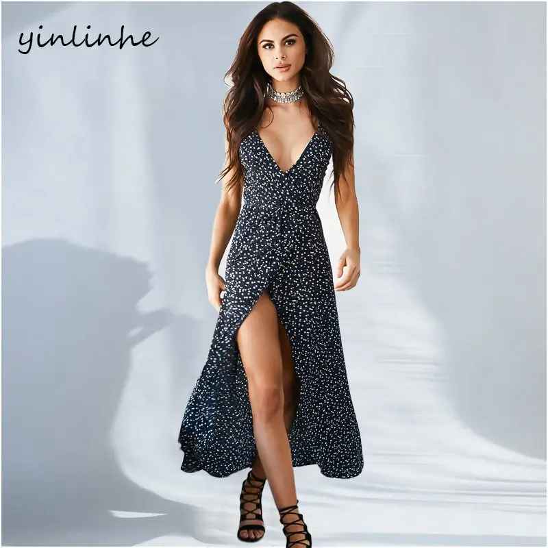

yinlinhe Floral Long Maxi Wrap Beach Dress Sleeveless V neck Sexy Women Summer Dress Blue Elegant High Split Boho Vestido 168
