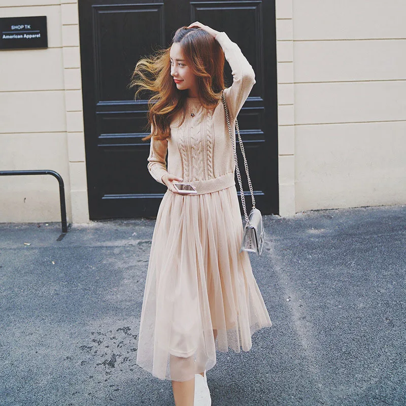 

2018 Korean Autumn Winter Dress Elegant Ladies O Neck Long Sleeve Knitted Midi Dress High Elstic Mesh Warm Women Dresses
