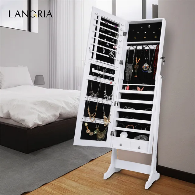 LANGRIA Fashionable Free Standing Lockable Mirrored Jewelry Lockable