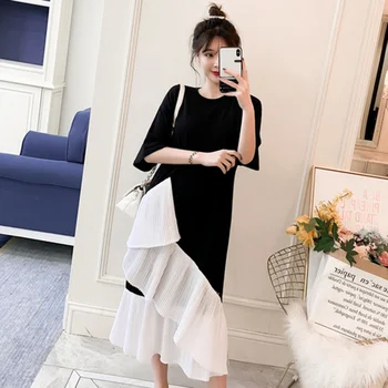

Black Dresses Summer 2019 Frill Patchwork Women'S Asymmetric Dresses Short Sleeve O Neck Loose Casual Long Dress Vestido AA4727