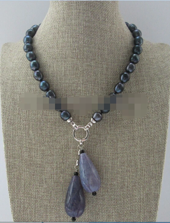 

AAA 17.5 " 12-14mm natural black freshwater pearl necklace + drip pendant