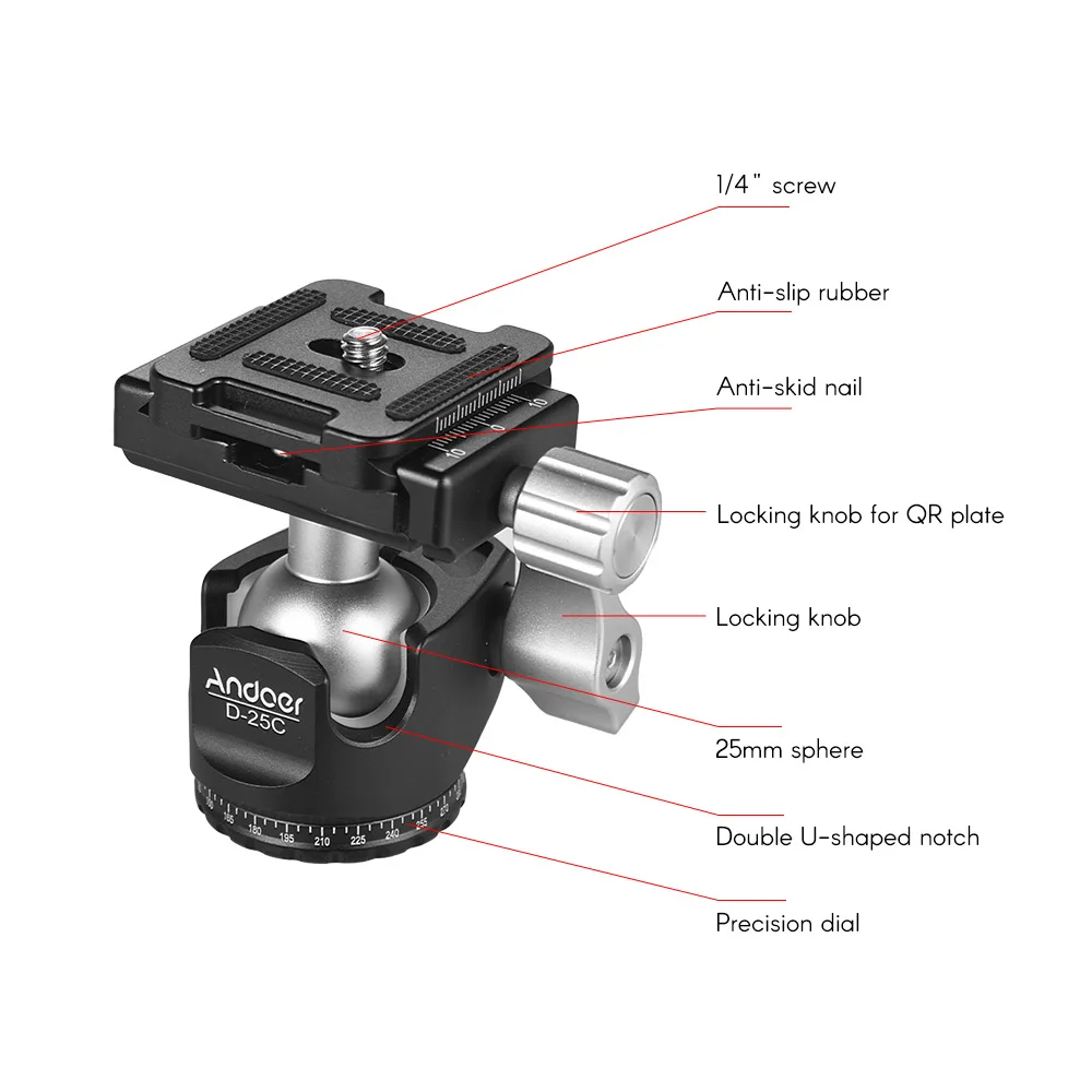 Andoer D-25C ЧПУ двойной Нотч шаровая Головка Максимальная грузоподъемность 10 кг Мини шаровая головка для Canon Nikon sony DSLR ILDC камеры