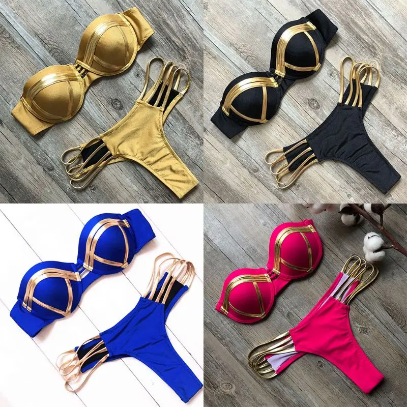 

Women Bandeau Bikini Set Strapless Swimwear Push-Up Thong Bikini Patchwork Swimsuit Bathingsuit