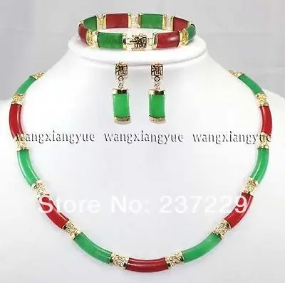 

FREE SHIPPING>>@> Wholesale price FREE SHIPPING aReal Red & Green Jade Link Necklace Bracelet earrings Set AAA Natural jewelry