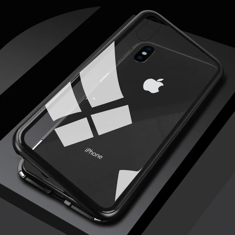Популярный металлический магнитный чехол для iPhone XR XS MAX X 8 Plus 7 10, чехол из закаленного стекла с магнитом для iPhone 7, 6, 6 s Plus, чехол - Цвет: Clear-Black