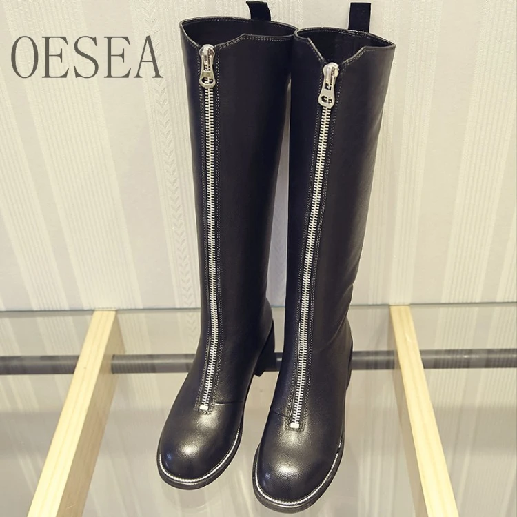 

Beige/black winter new HOT 2018 fashion personality front zip and knee boots round toe comfortable square heel women's boots