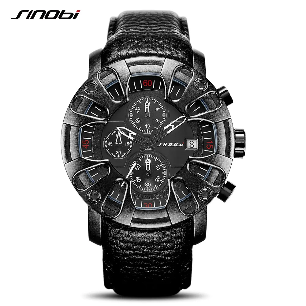 

SINOBI New Top Brand Men Watch Military Men Leather Strap Racing Wheel Sports Quartz Watches Skeleton Luxury relogio masculino