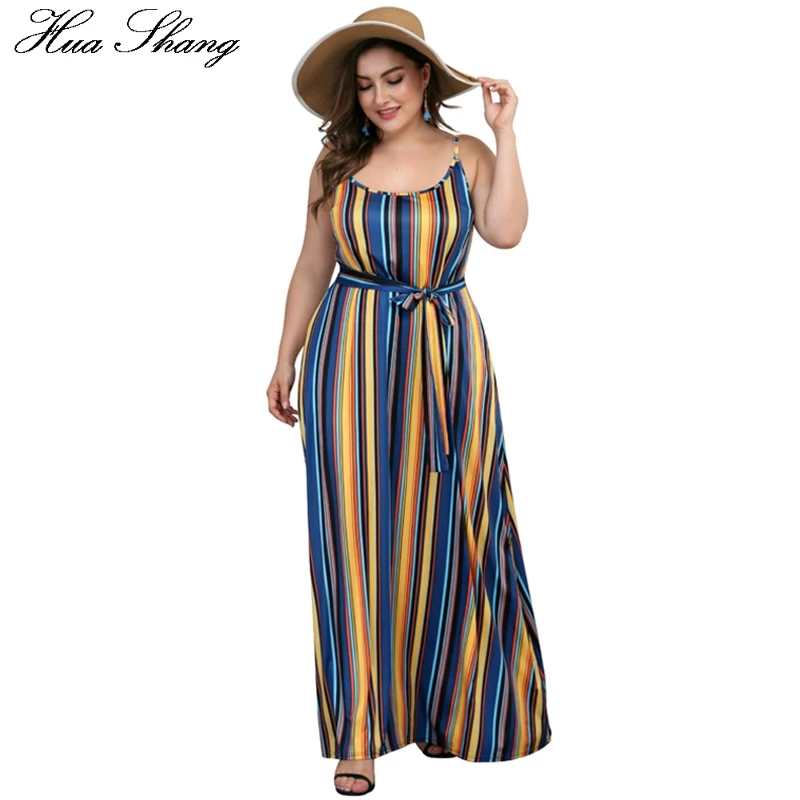 

Striped Boho Dress Plus Size Women Summer Sleeveless Colorful Print Bohemian Beach Dresses Pockets Ladies Tunic Maxi Long Dress
