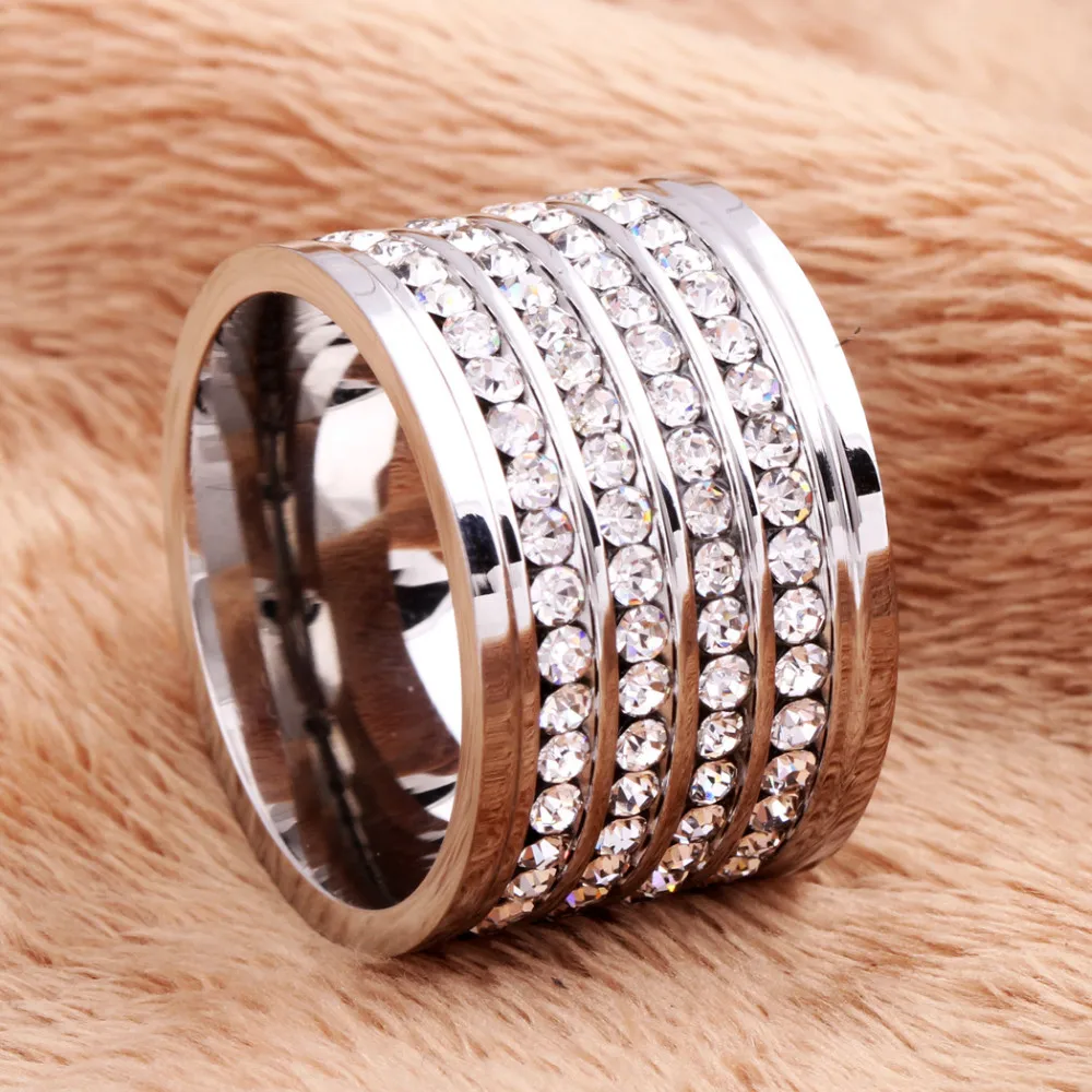 Monla shining full 4 Row Crystal rhinestone Gold Stainless Steel Couple Wedding rings for men and Women