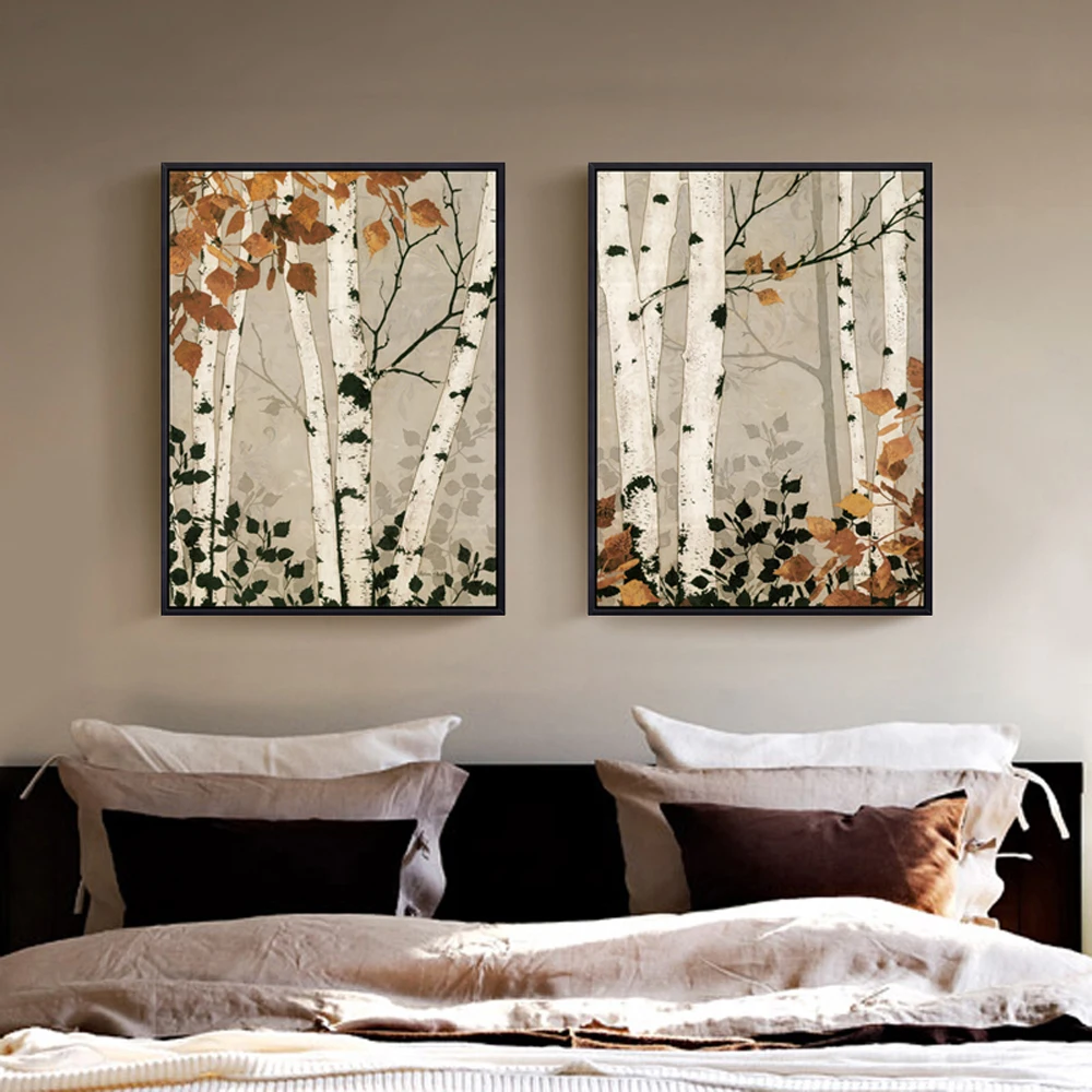 2 Panel Unframed Modern White Birch Tree Canvas Painting Wall Art Spray