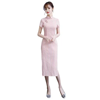 

Striped Cotton Linen Chinese Style Handmade Button Dress Vintage Ladies Short Qipao Classic Stage Show Elegant Female Cheongsam