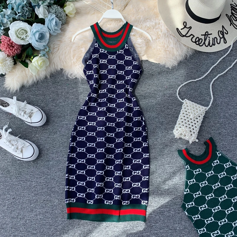 2019 new fashion women's dresses Halter sleeveless knit dress autumn and winter Slim sexy long