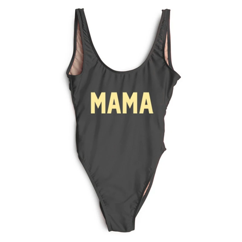 

MAMA gold Letter Print Sexy U Neck Bodysuit High Cut Backless One Piece Swimsuit For Women Black Swimwear Monokini Bathing Suit