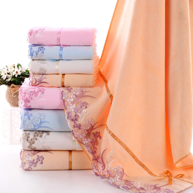 

drop shipping 2pcs/set Microfiber Toallas Lace embroidery towel for Adult Serviette De Bain 1pc bath towel and 1pc hand towel
