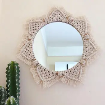

Round Bohemian Mirror Macrame Hand - Made Cotton Rope Home Hanging Wall Mirror Bathroom Decoration