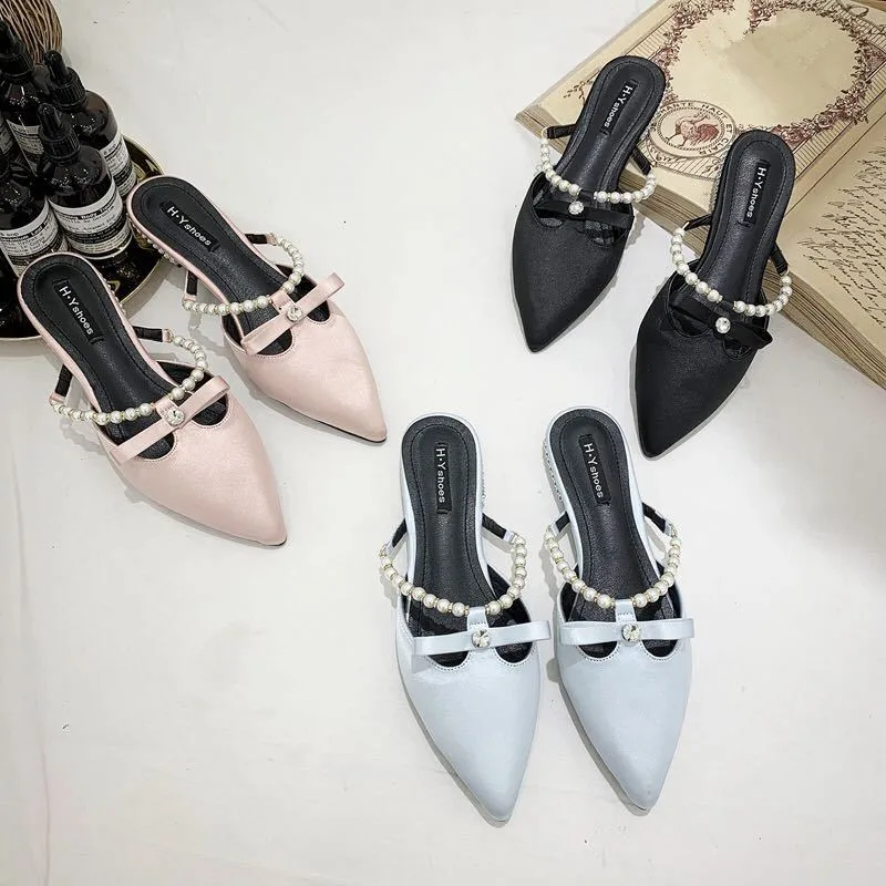 

Mules Womens Shoes Pointed Toe Flat Slippers Designer Slides Butterfly-knot String Bead Luxury 2019 Sliders Sweet Basic PU