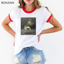 2019 summer tops tshirt women Sika Deer Surreal t shirt femme 90s aesthetic art t-shirt female Animal Flower print t-shirt flower cluster print slub t shirt