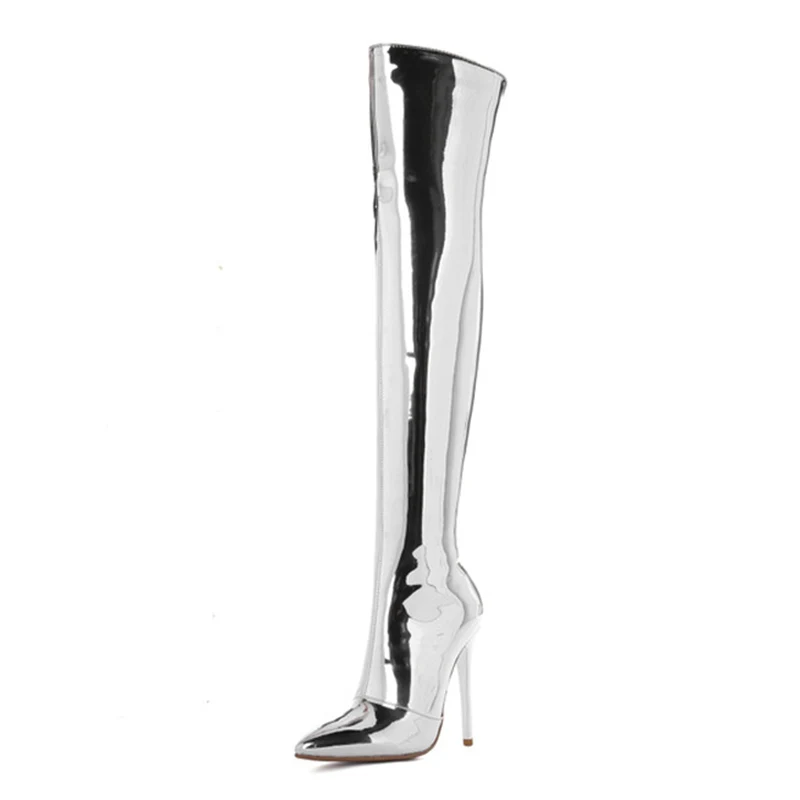 Сапоги выше колена из лакированной кожи пикантные женские сапоги до бедра с острым носком Теплые зимние женские сапоги на тонком высоком каблуке WB-1403 - Цвет: silvery 01