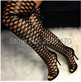 

Summer Women Rome Thigh High Sandals Gladiator Cages High Heels Peep Toe Cut Outs Stilettos Over-knee Sandals Women
