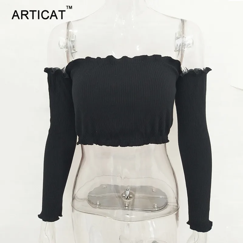 Articat футболка с открытыми плечами и длинным рукавом, женский укороченный топ,, тягучий кромка, Бюстье для вечеринок, кроп-топ, эластичный женский клубный Топ