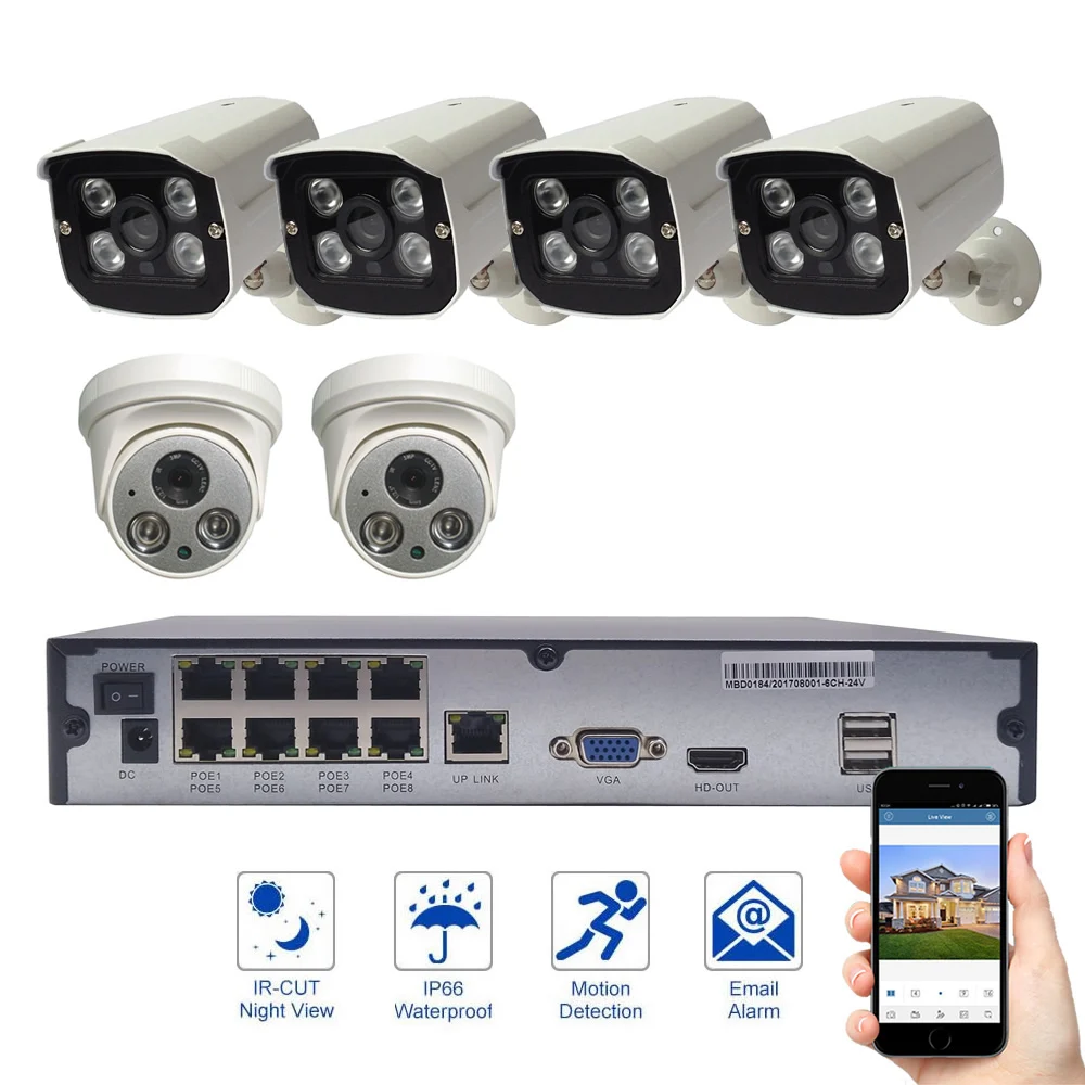 

6CH 1080P POE Camera kit 1920*1080 Surveillance Camera System 4 outdoor camera 2 indoor camera with audio